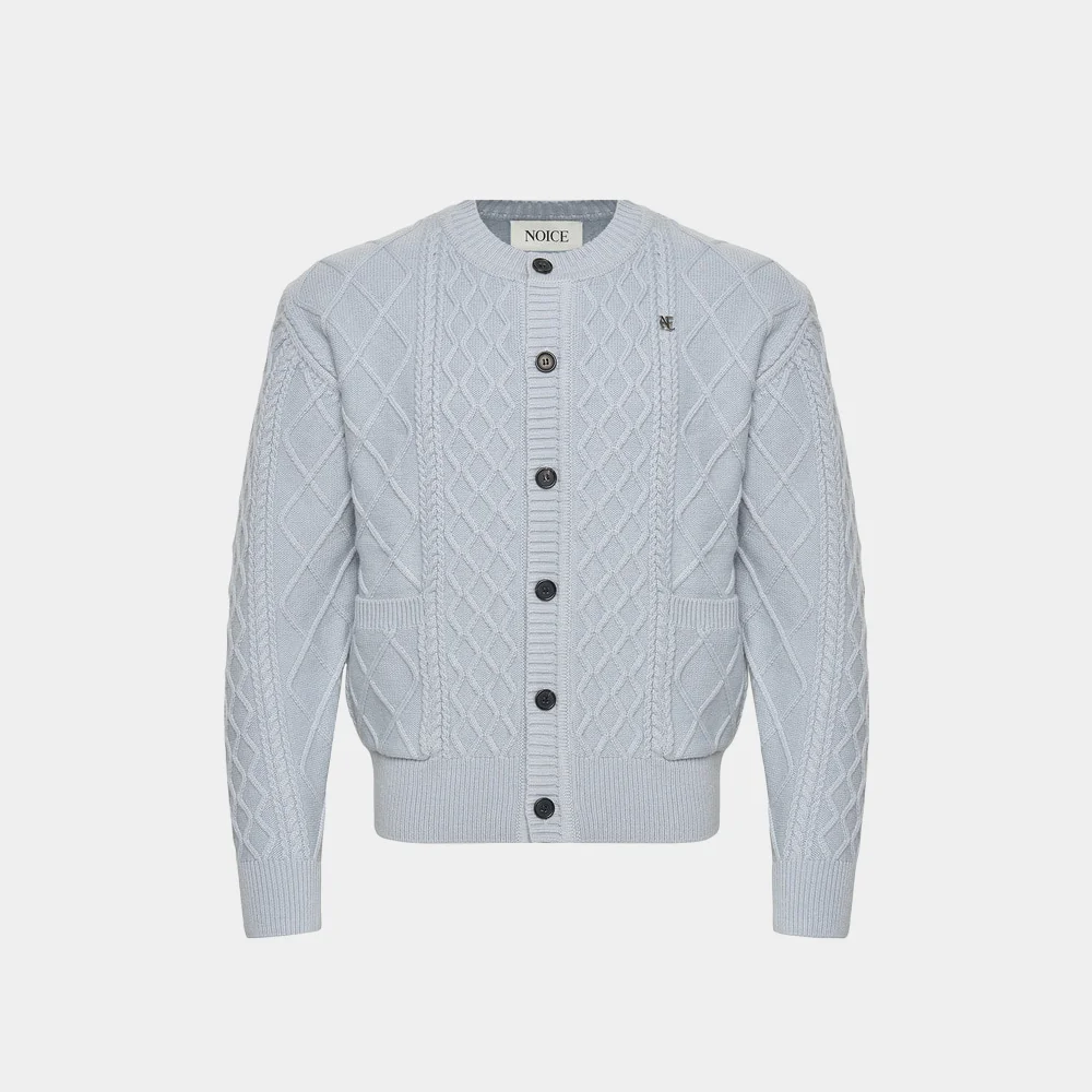 (M) WOOL LOGO CABLE KNIT CARDIGAN - SKY