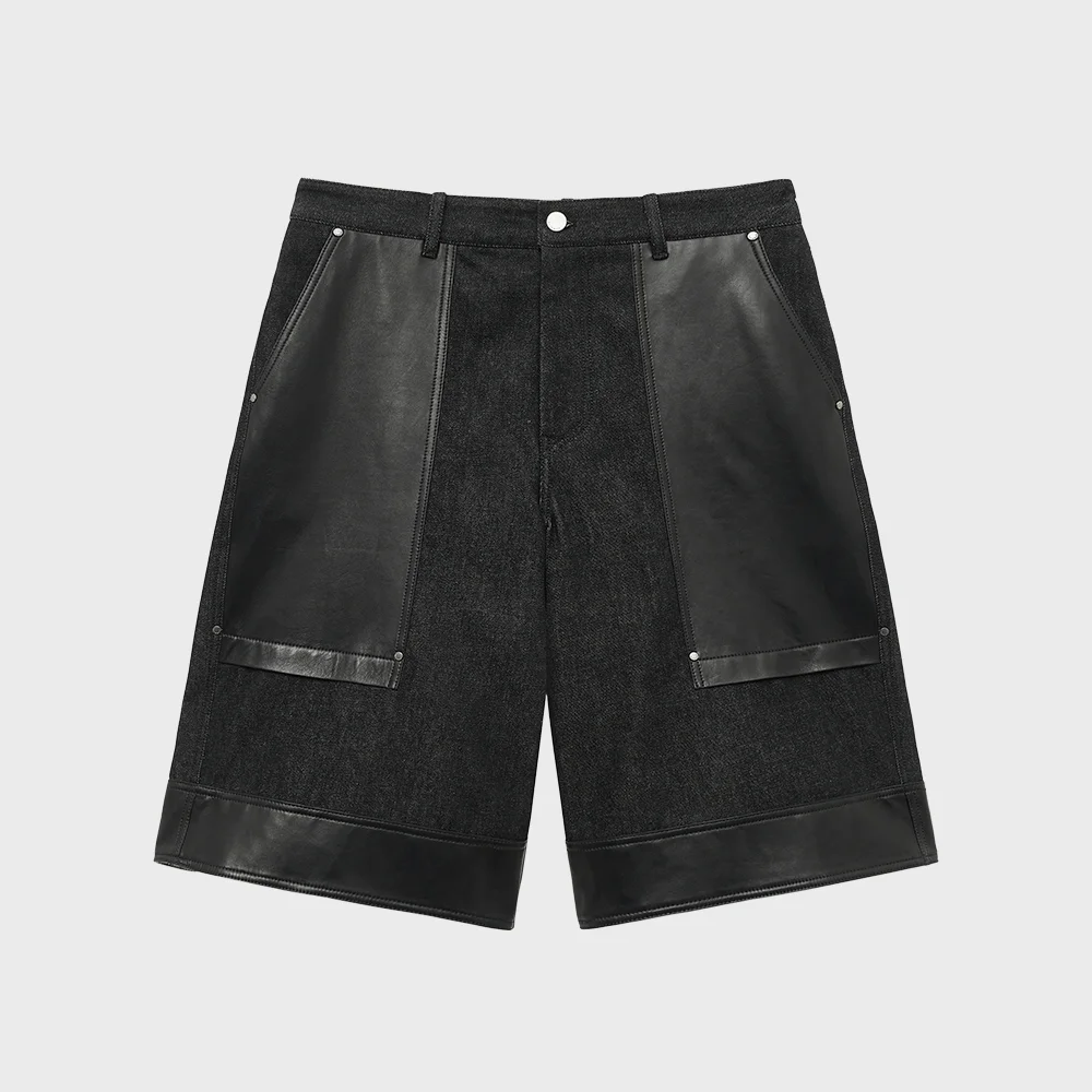 LEATHER MIX DENIM BERMUDA SHORTS (BLACK)