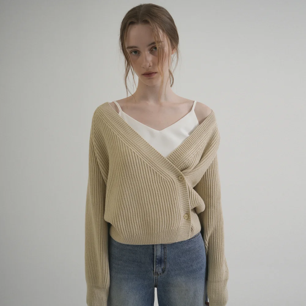 V-neck Ribbed Wrap Knit Cardigan (Beige)