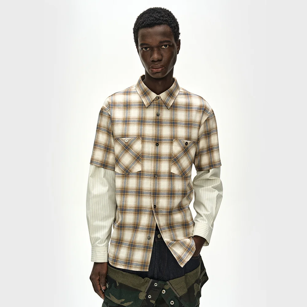 SLEEVE LAYERED CHECK SHIRT (IVORY STRIPE)