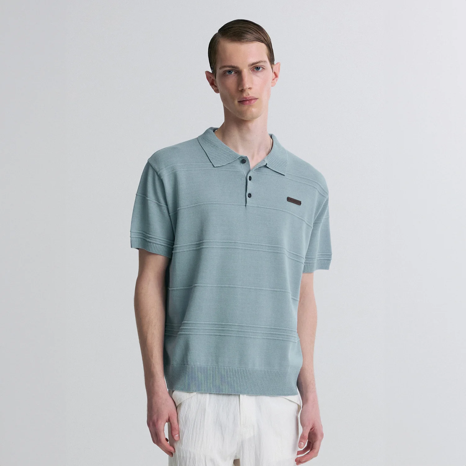 RIBBED DETAIL KNIT POLO SHIRT CLOUD