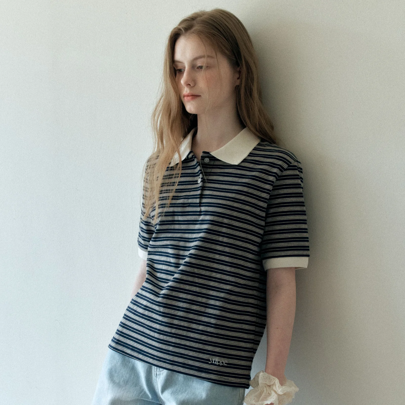 BUTTON STRIPE T-SHIRT_NAVY