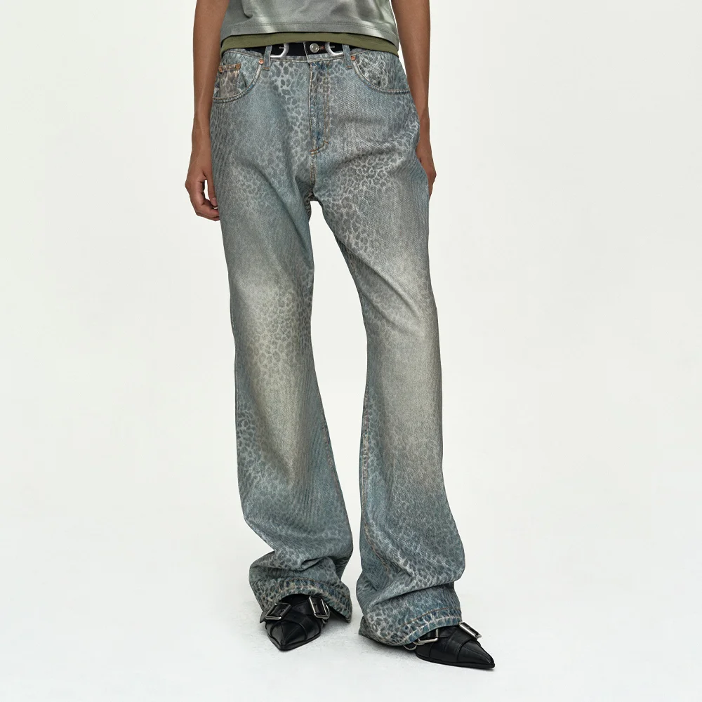 LEOPARD FADE DENIM PRINTED BOOTSCUT JEANS apa882w(BLUE)