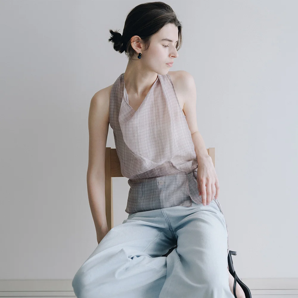 Check Sheer Draped Halter Top SW6MB752-98