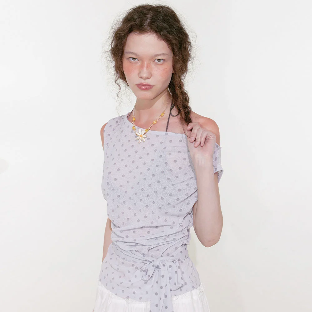 Dot Off Shoulder Top (Light Gray)