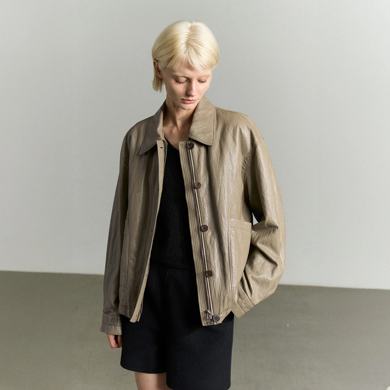 DRAWSTRING HEM FAUX LEATHER JACKET