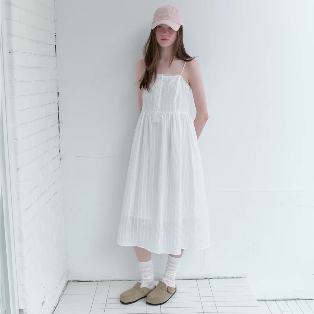 petit lace button long dress - off white