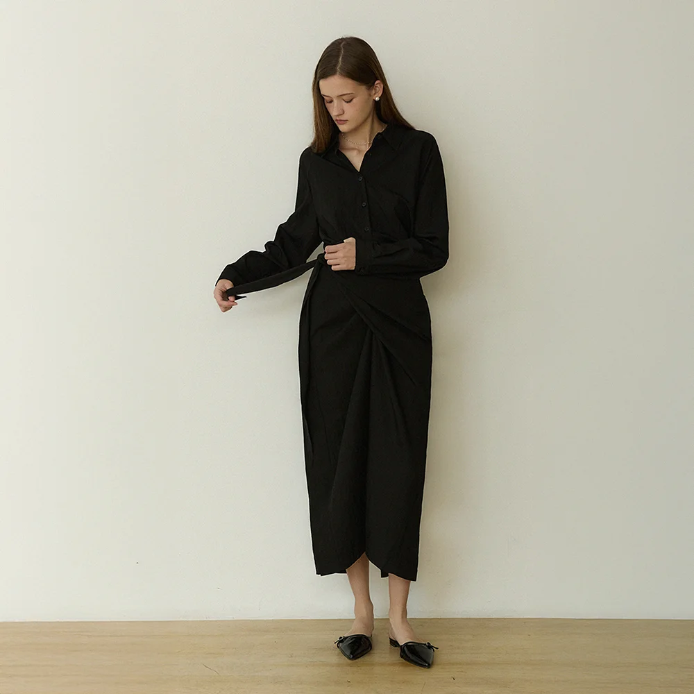 Modern shirts collar lap long dress - black
