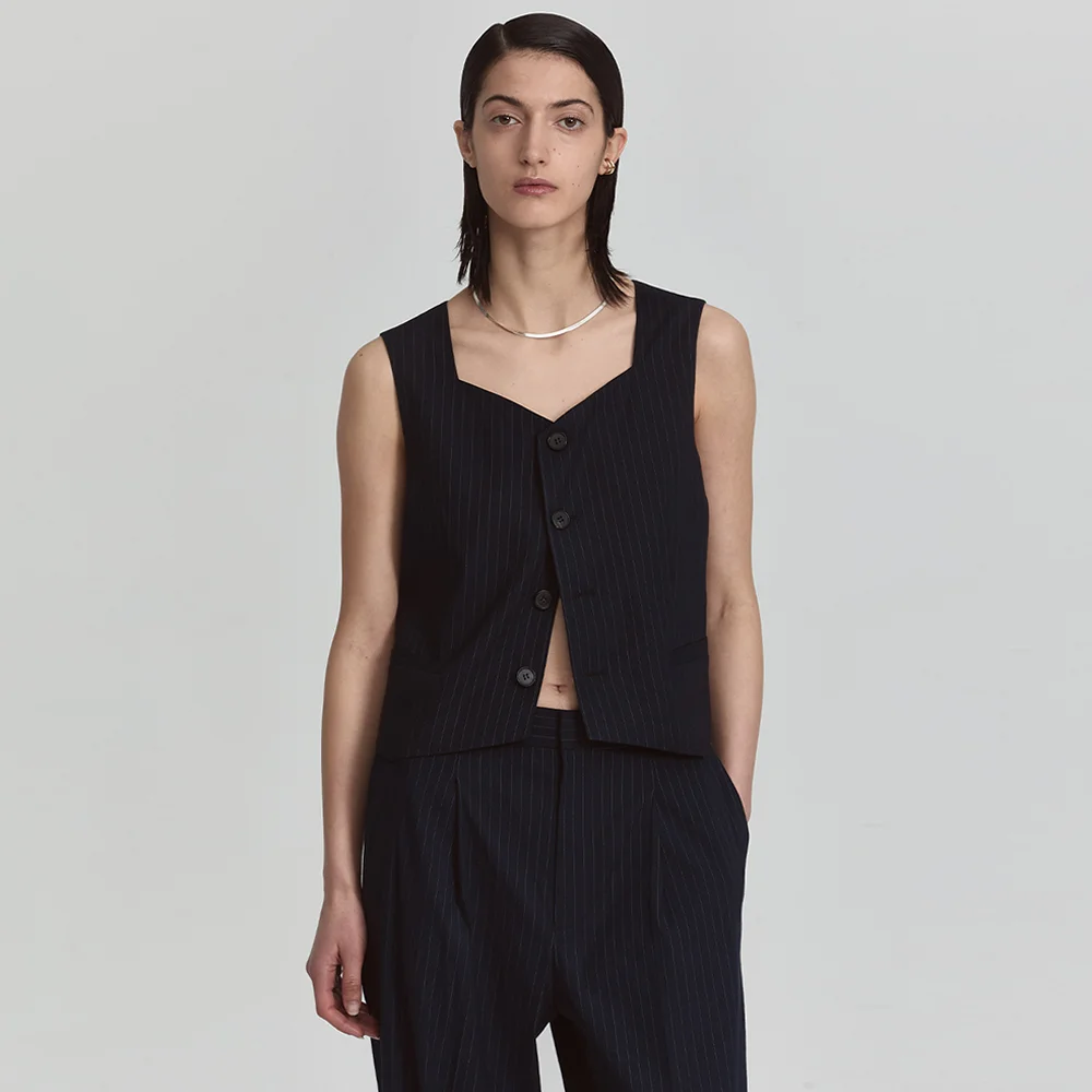 LINEN TAILORED VEST_NAVY STRIPE