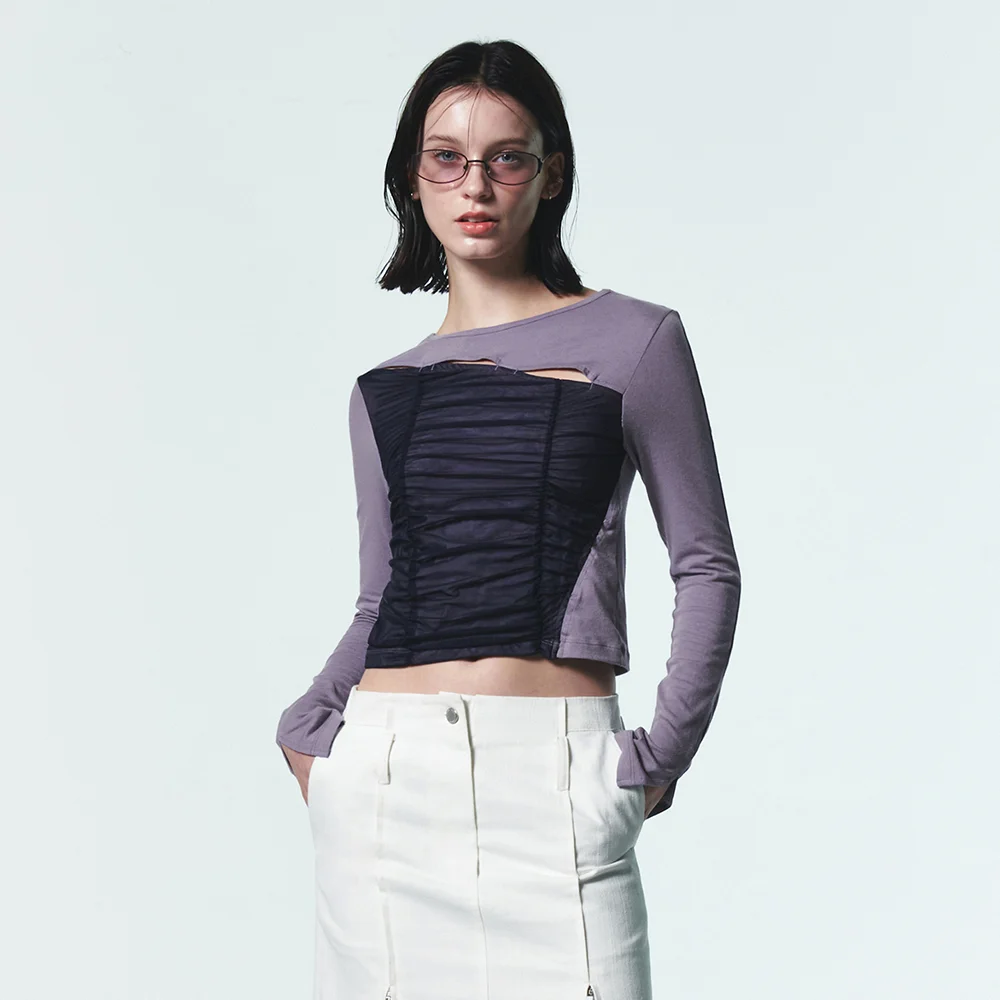 MESH LAYERED SHIRRING TEE