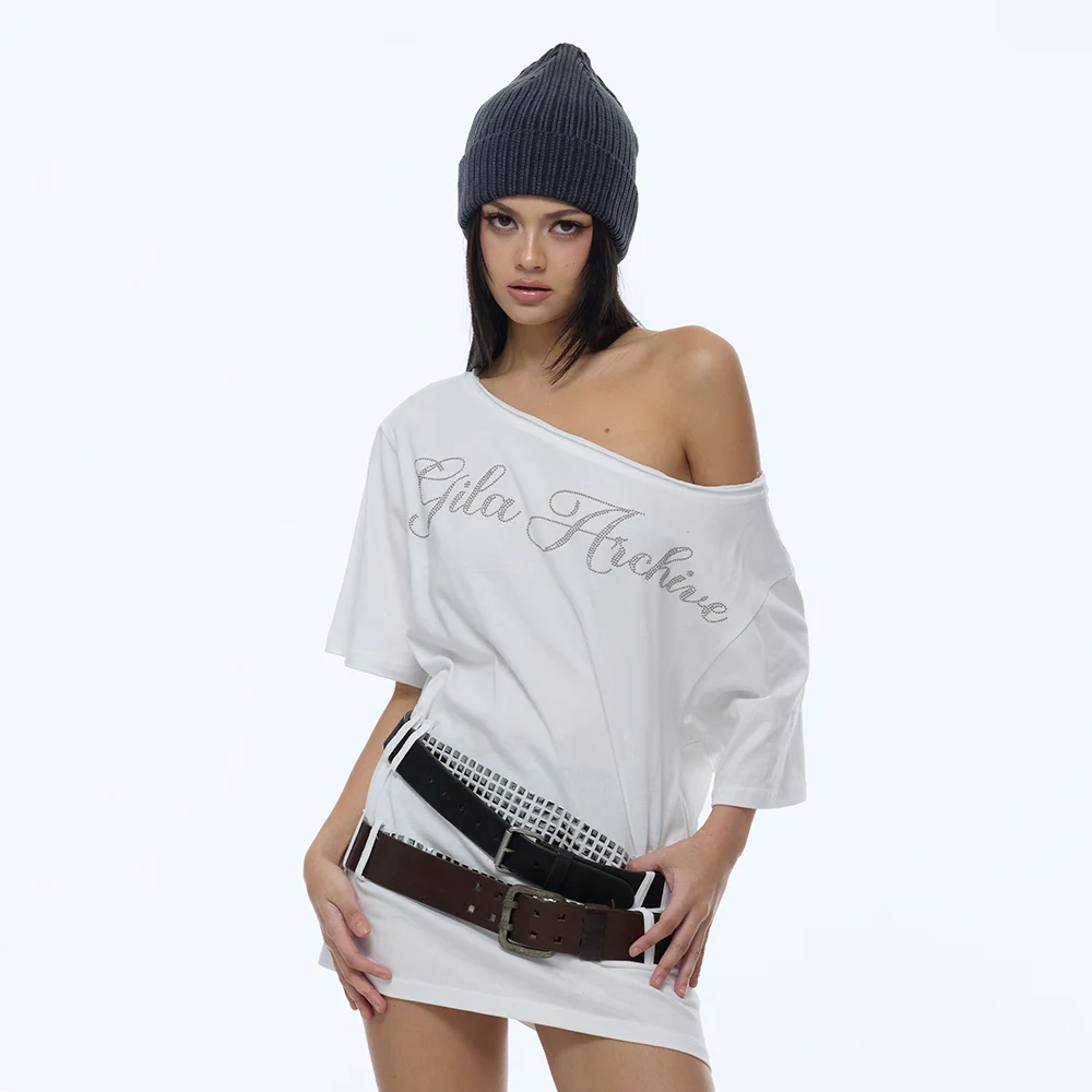 SQUARE STUD BELT ONE SHOULDER T-SHIRTS_WHITE