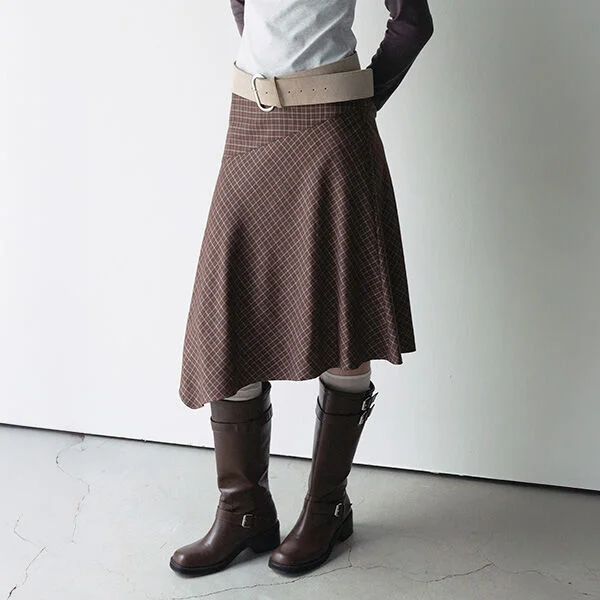 UNBALANCE CHECK MIDI SKIRT DEEP BROWN