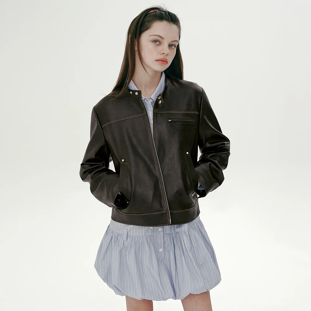 RIVET WASHED FAKE LEATHER JACKET (BROWN)