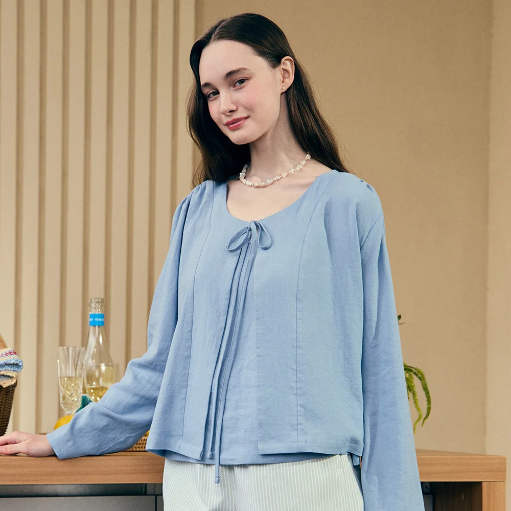 Linen Shirring Cardigan - Blue