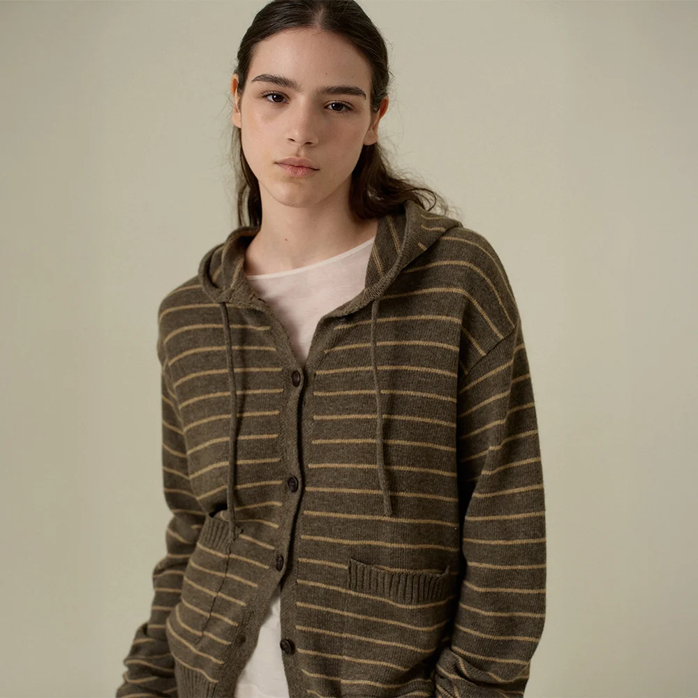 COLIN HOOD KNIT CARDIGAN_BROWN STRIPE