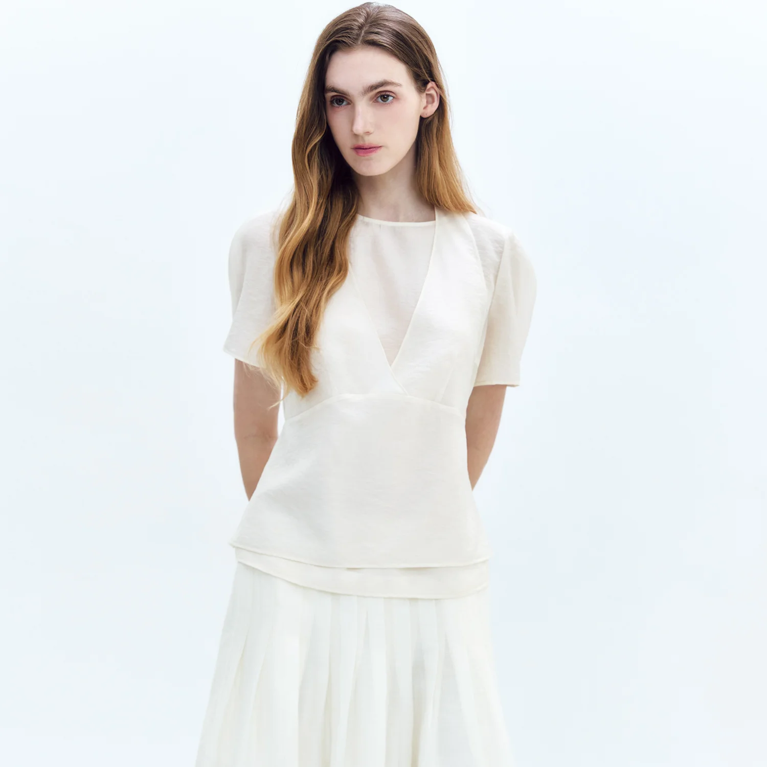 V-Halter-Neck Overlay with Short-SLV Blouse BUTTER