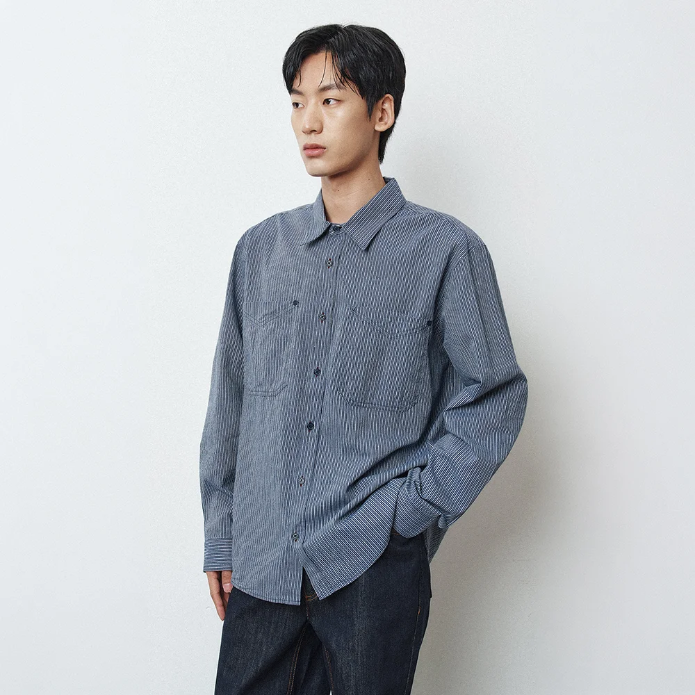 Stripe Out Pocket Denim Shirt_Navy