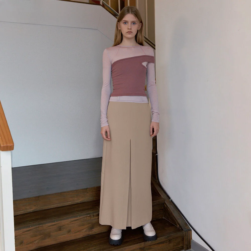 Stripe Maxi Long Skirt (Beige)