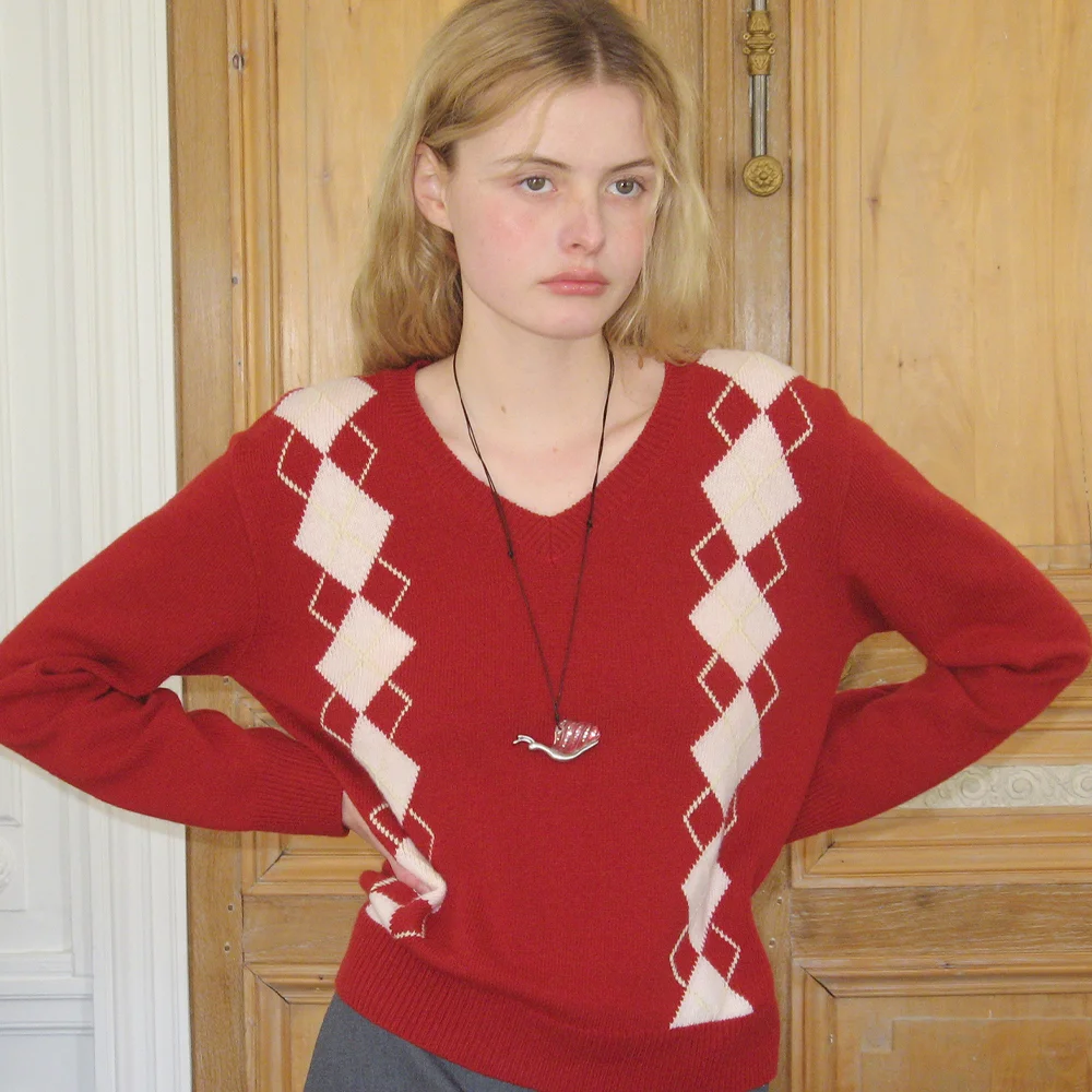 SN Twin Argyle V-neck Knit (Red)