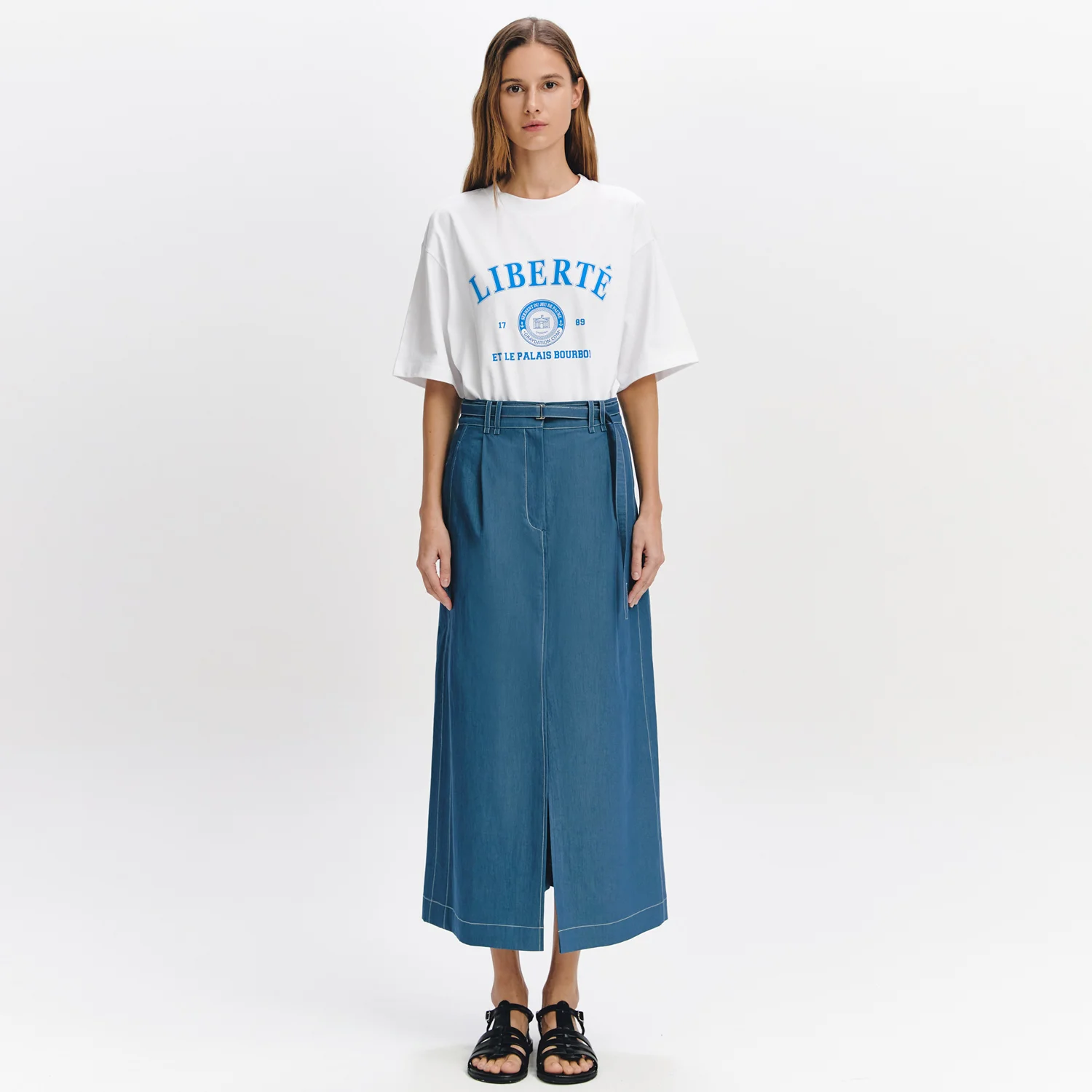 One Tuck Slit Belted Skirt BLUE