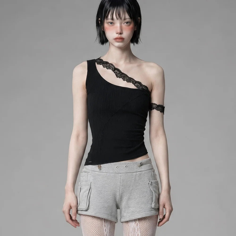 Lace One-Shoulder Shirring Top (Black)