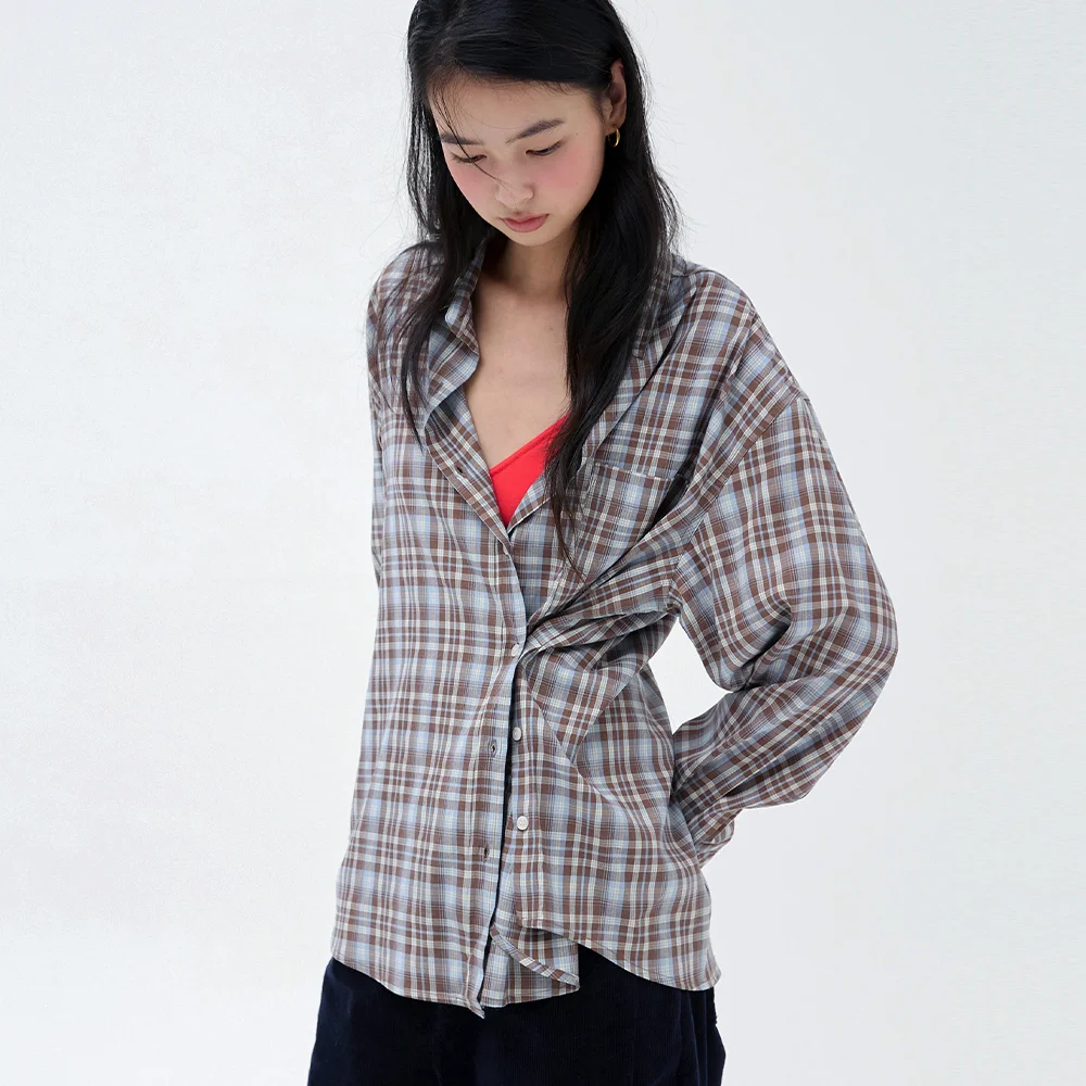 Side Button Check Shirts Sky brown
