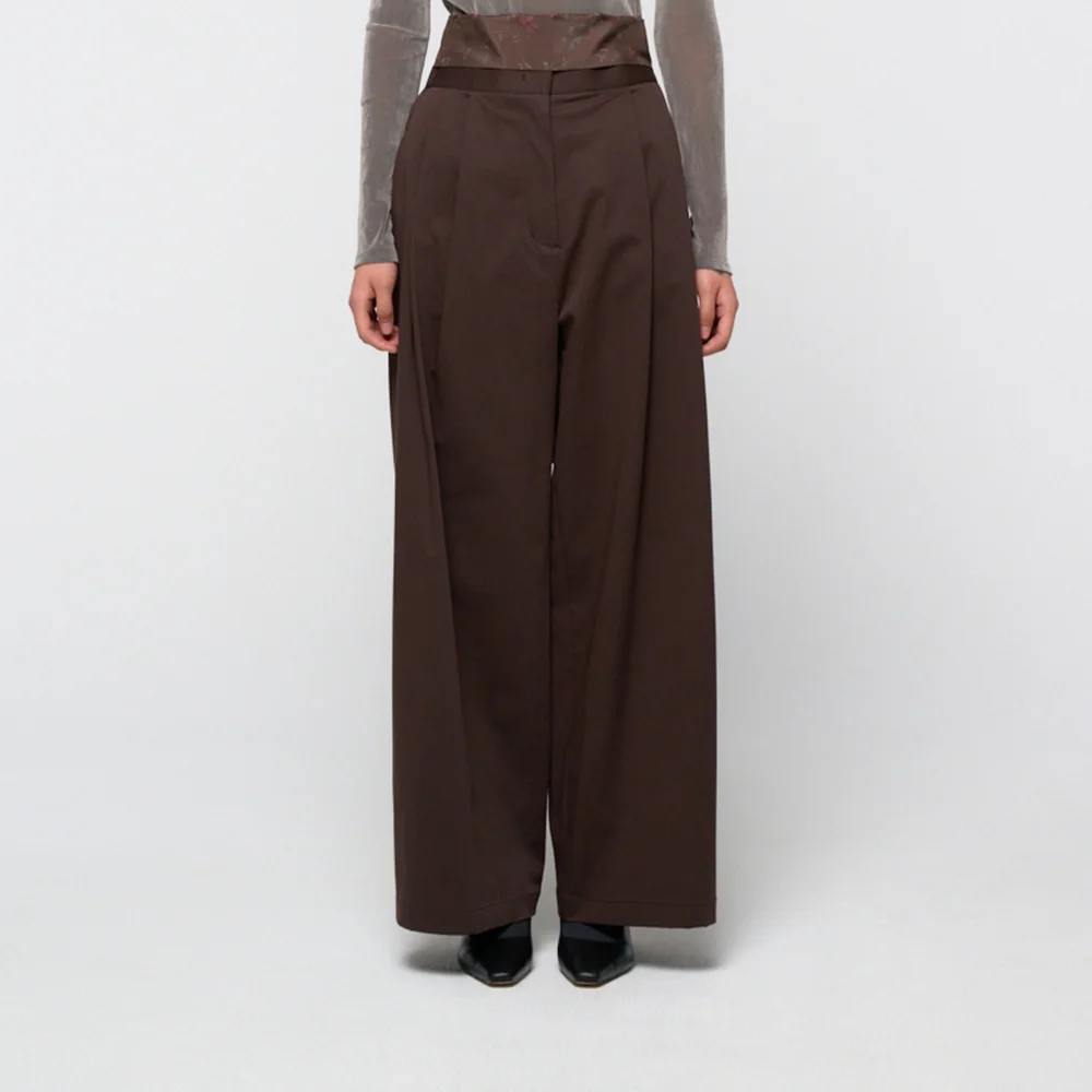Two tuck wide banding pants, Brown