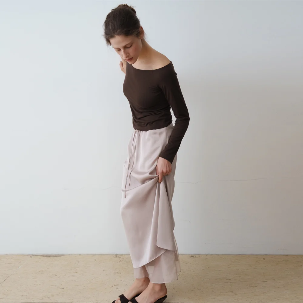 SATIN LAYER STRING SKIRT_BEIGE