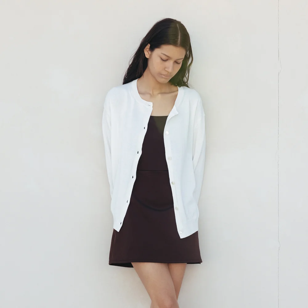 Cotton Round Button Cardigan (White)
