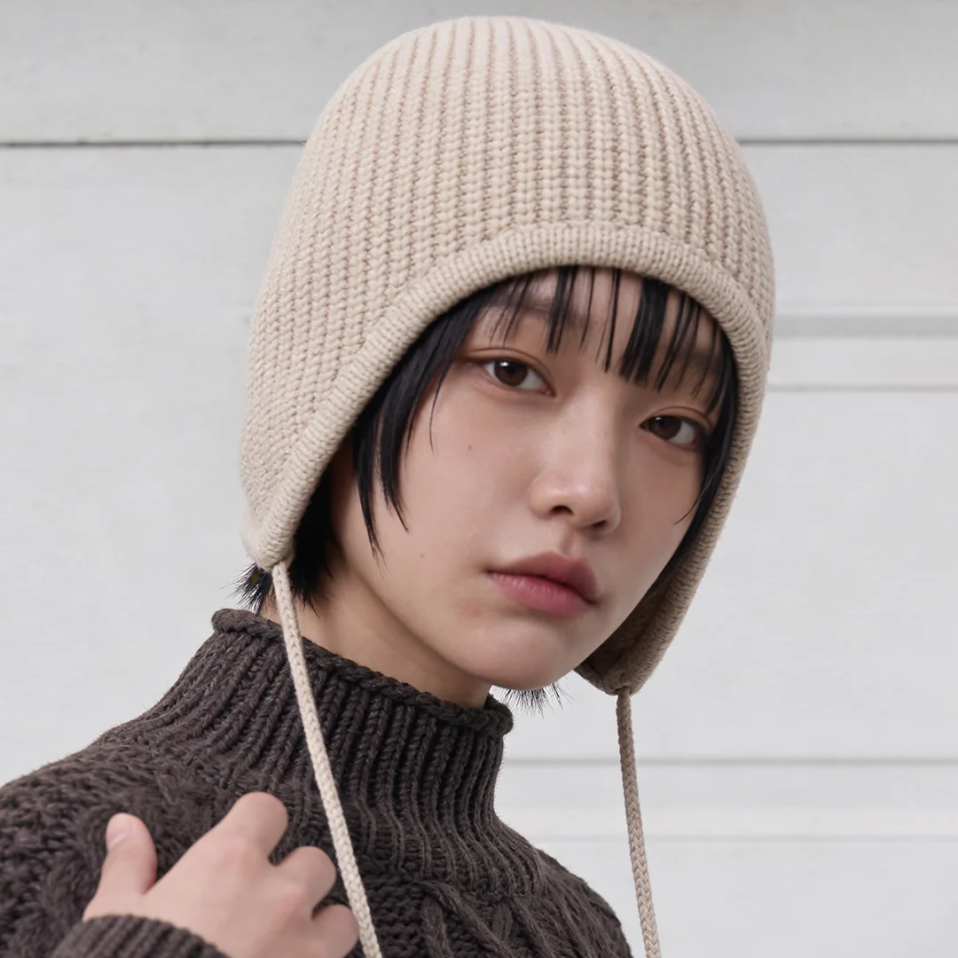 巴拉克拉瓦頭套 護耳翻蓋 冬季 女裝 防寒 長版冷帽 STRING EAR FLAP BEANIE / CASH MIX / RIB / ST BEIGE