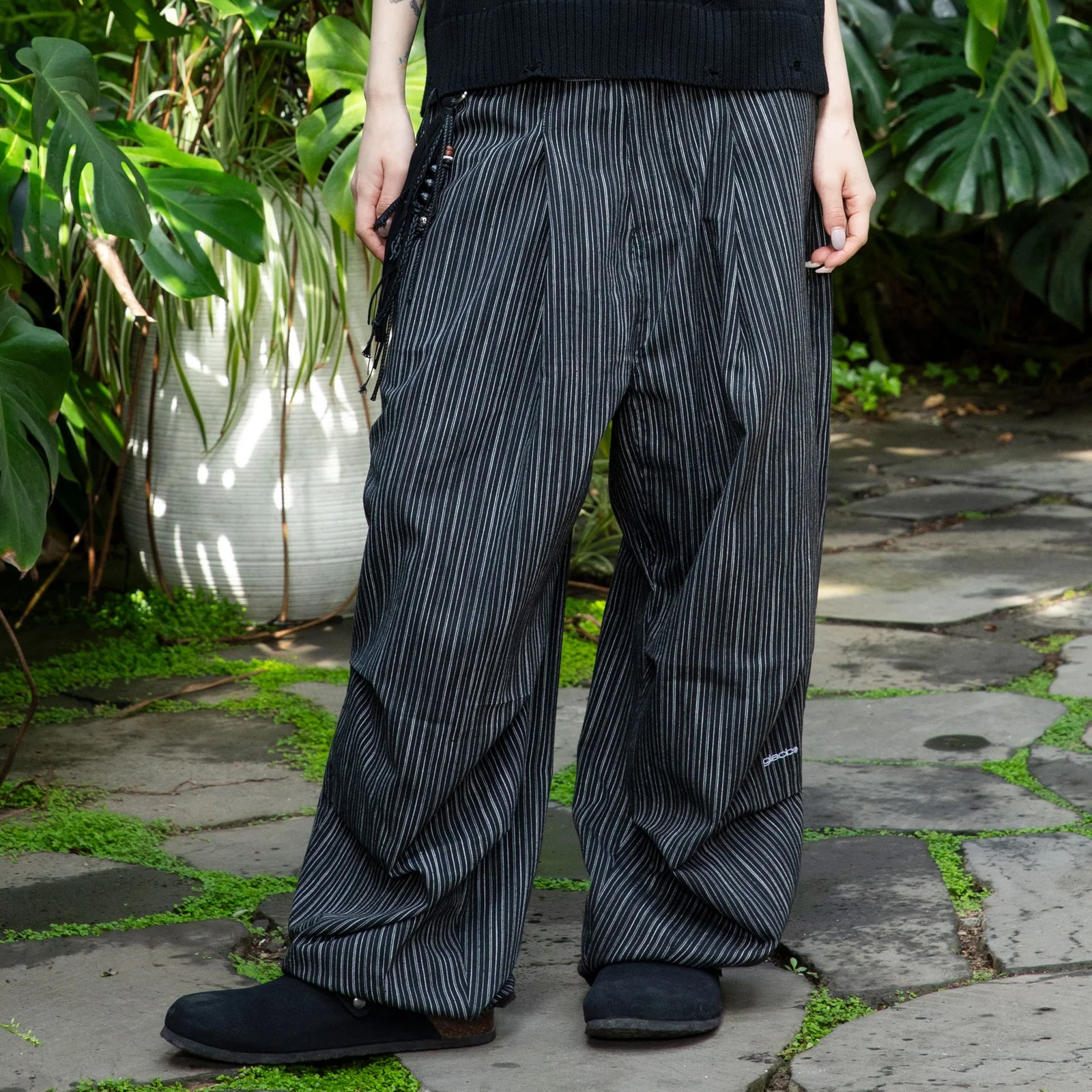 GP139 條紋 亞麻 輕鬆 褲子 (BLACK)