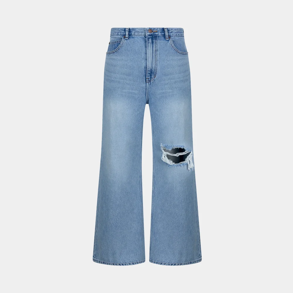 (W) DESTROYED STRAIGHT JEANS - LIGHT BLUE