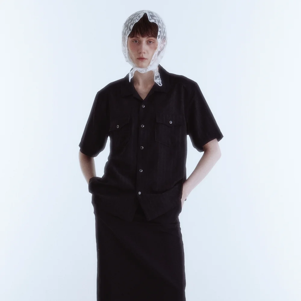 Vein Double Pocket Open Collar Shirt_Black_W