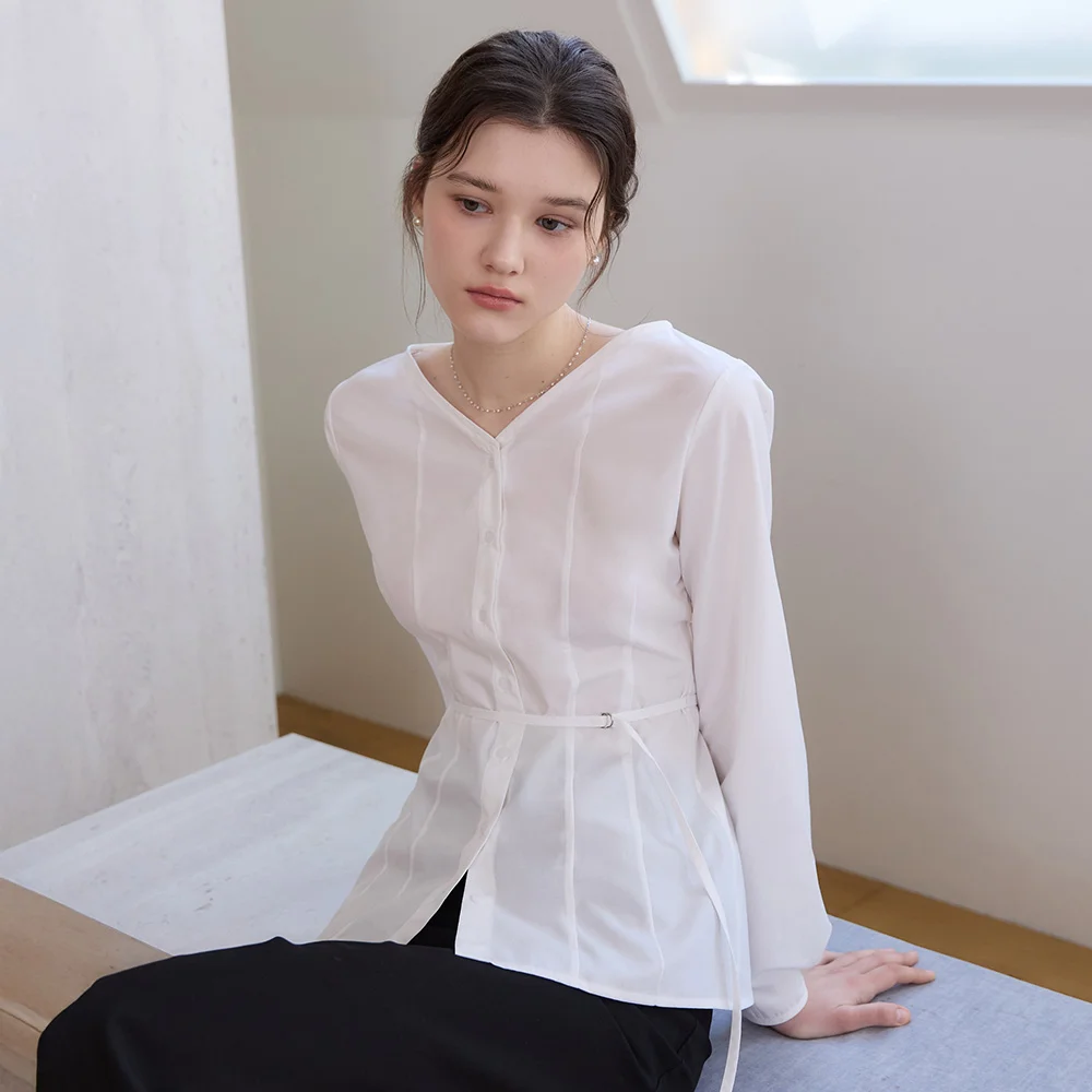 V neck classic belted blouse - white