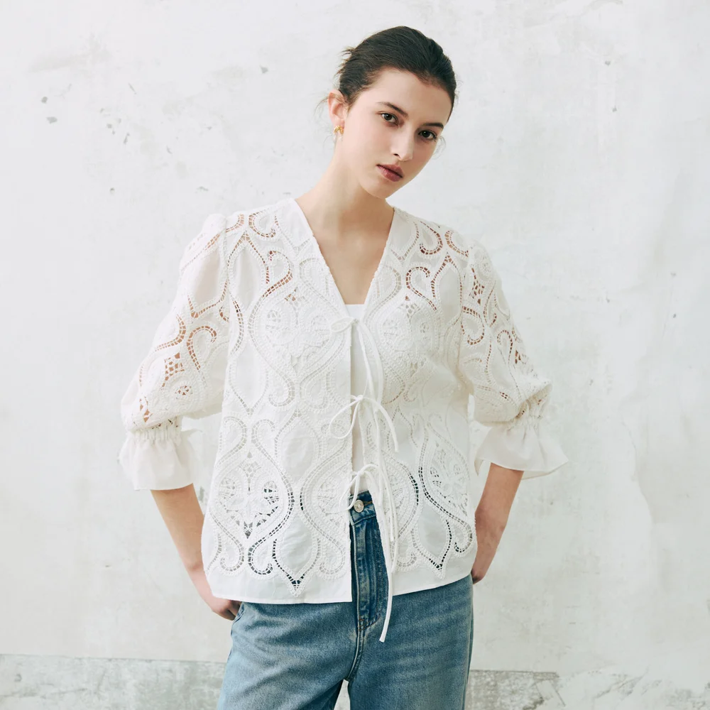 Lia 刺繡 開襟外套 雪紡衫 白色