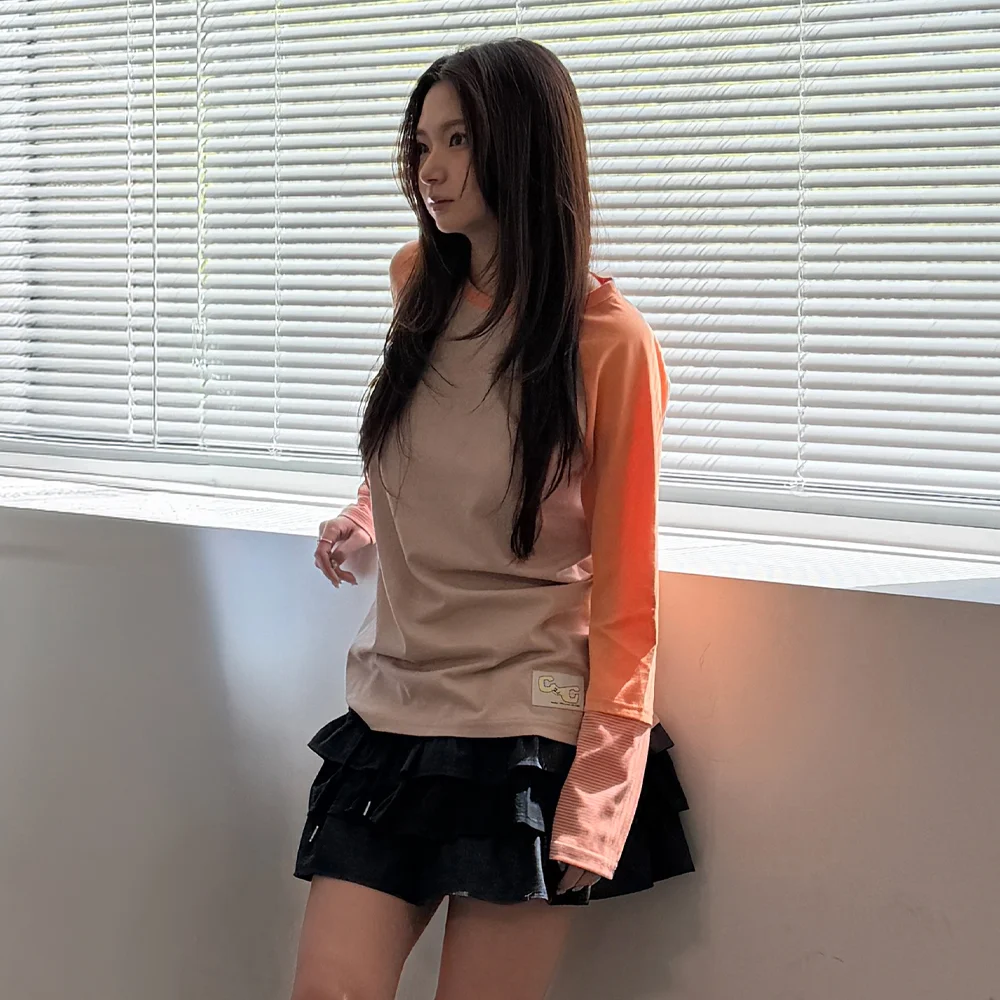 CEC LAYERED STRIPED SLEEVE LABEL L/S(PINK ORANGE)