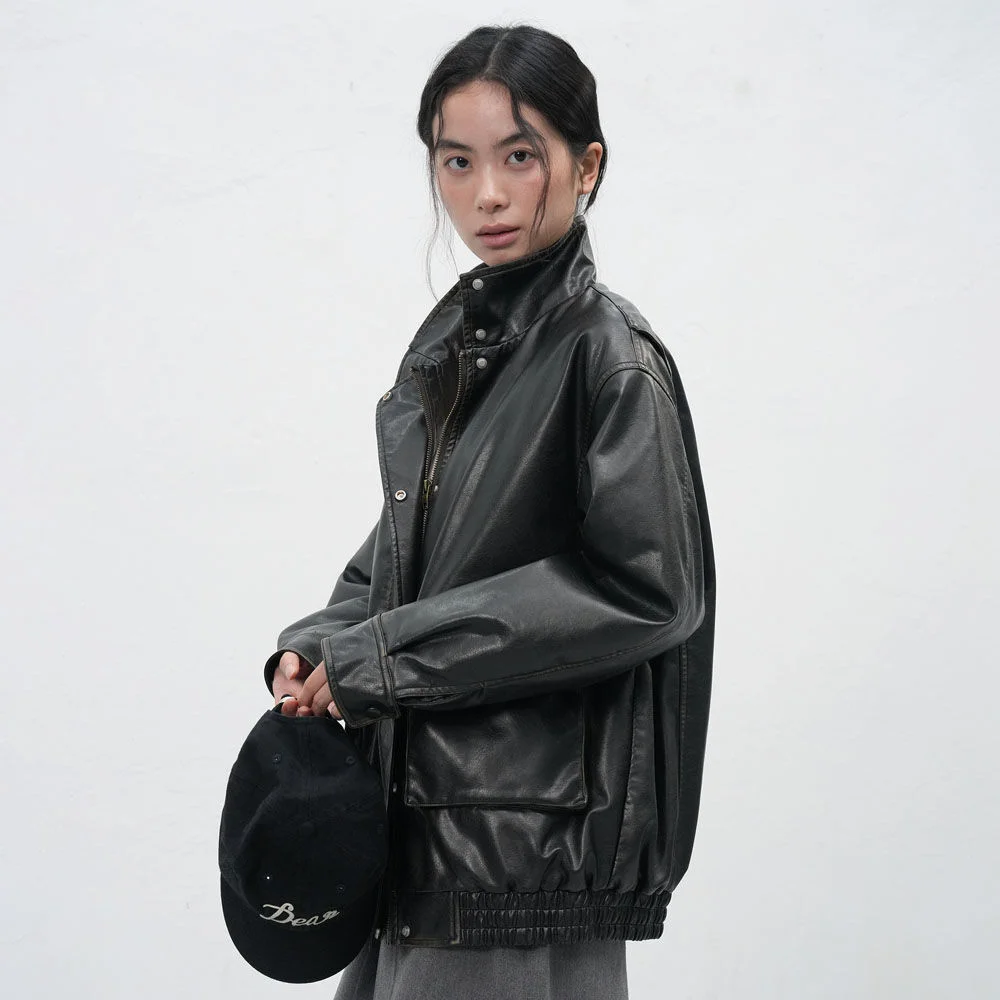 WOMAN 高領 仿真 皮革 短身外套 / WBE3L09512
