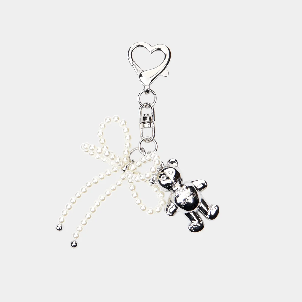 TEDDY BEAR LOGO PEARL RIBBON KEYRING_SILVER