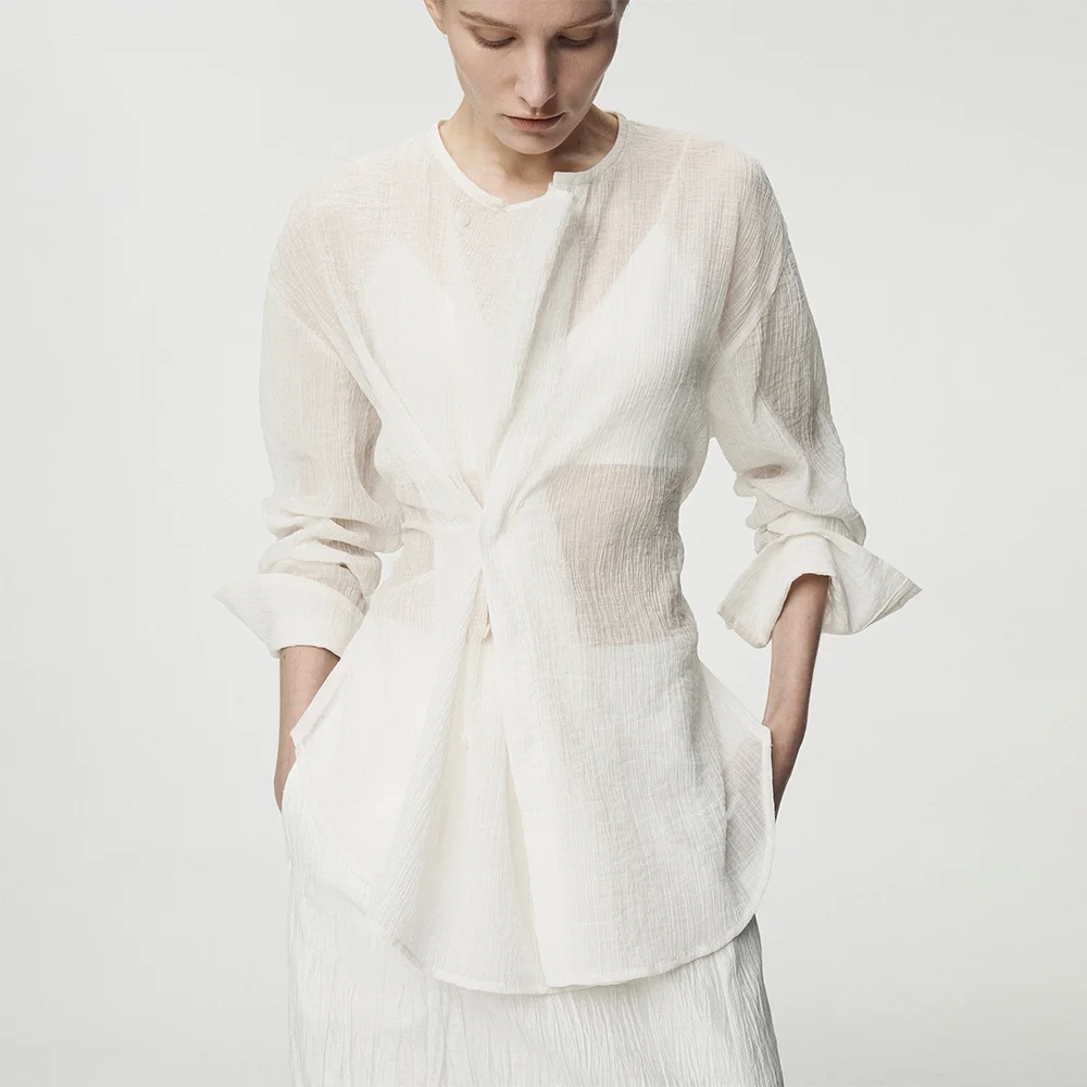 Crinkled Cotton Convertible Cowl Neck Blouse_White
