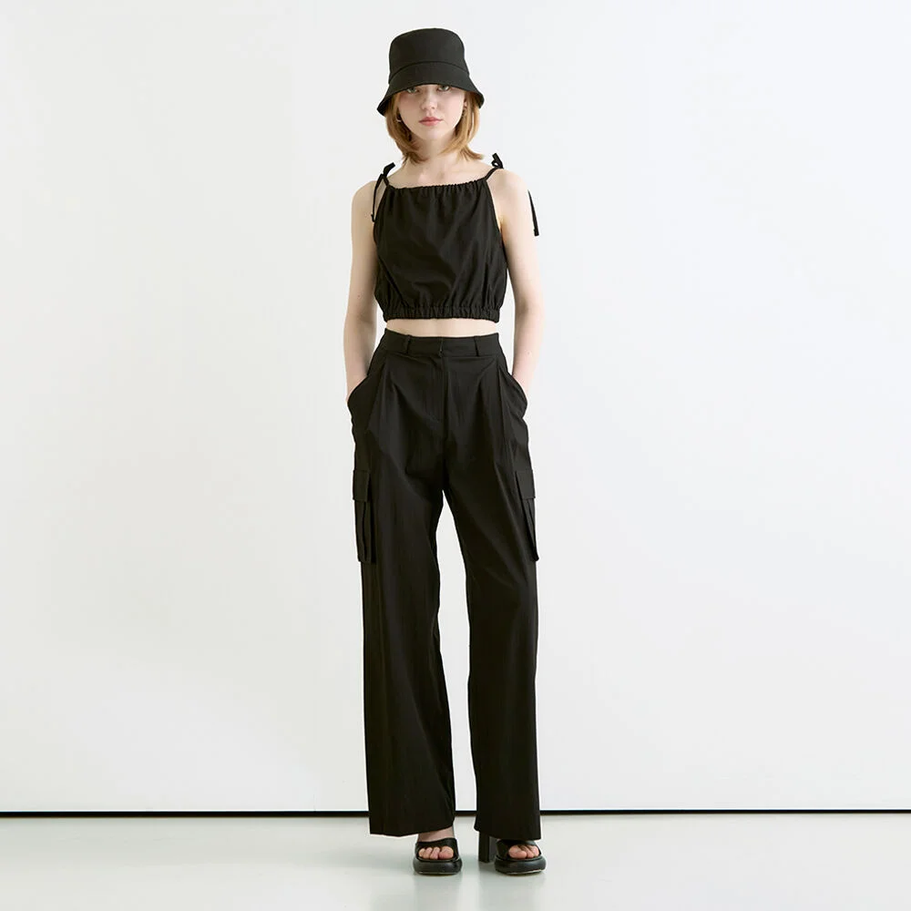 Nylon ribbon banding sleeveless set - black