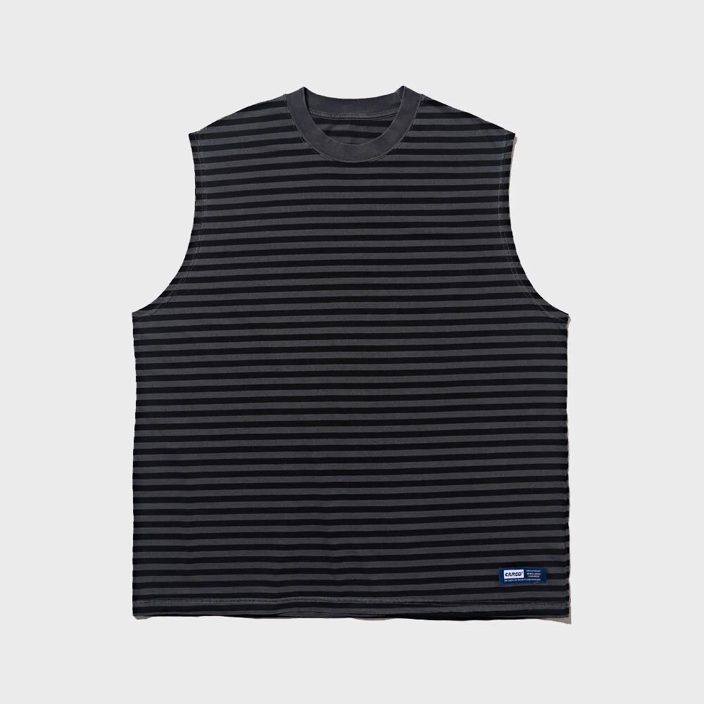 STRIPE OVERFIT SLEEVELESS SHIRT (BLACK)