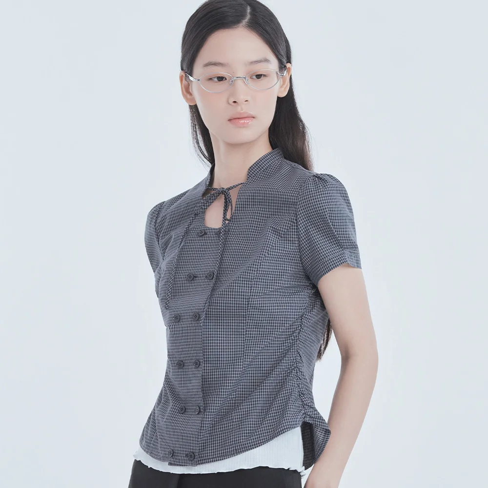 String Tie Double Button Blouse - Check