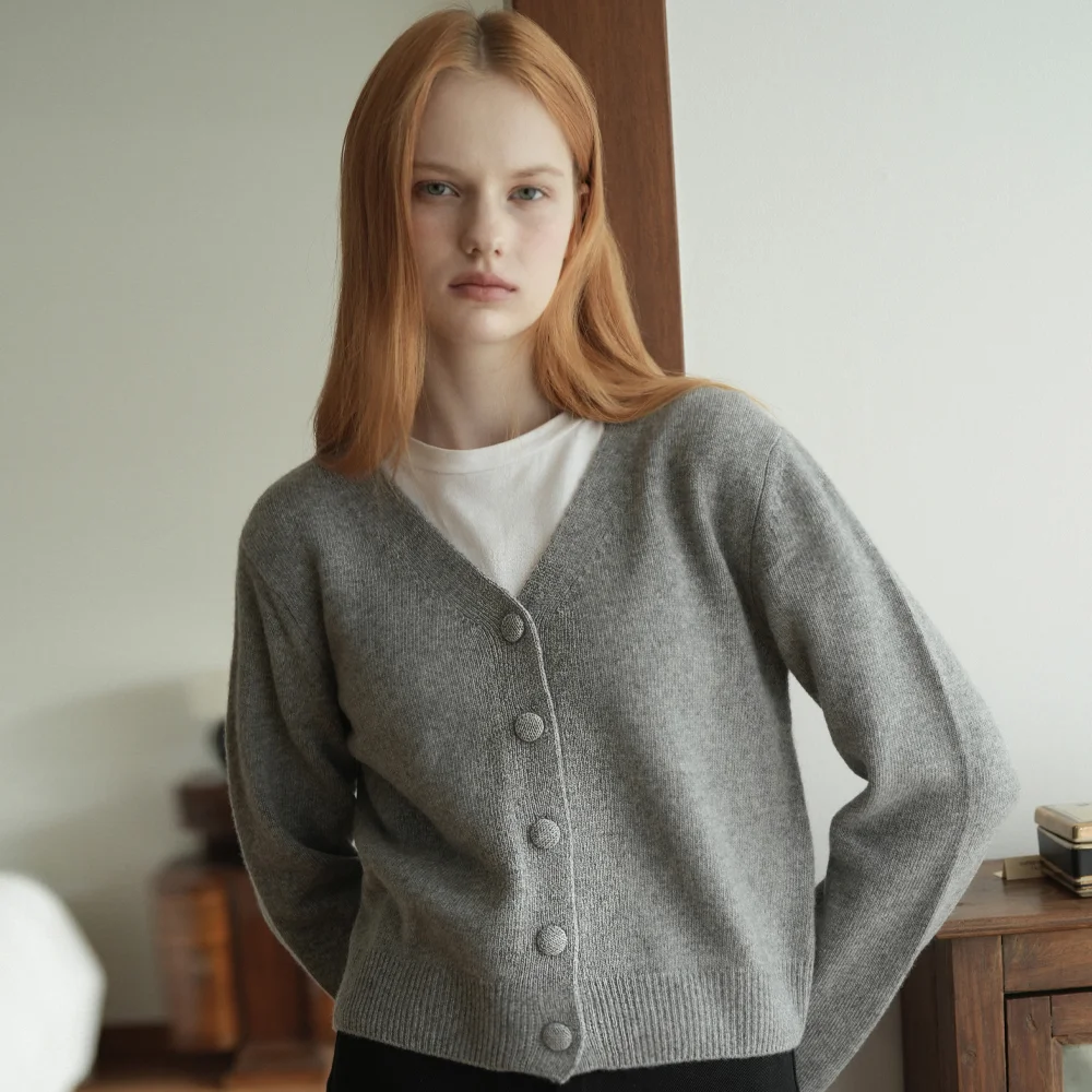 Merino Wool 100% V-neck Basic Knit Cardigan (Gray)