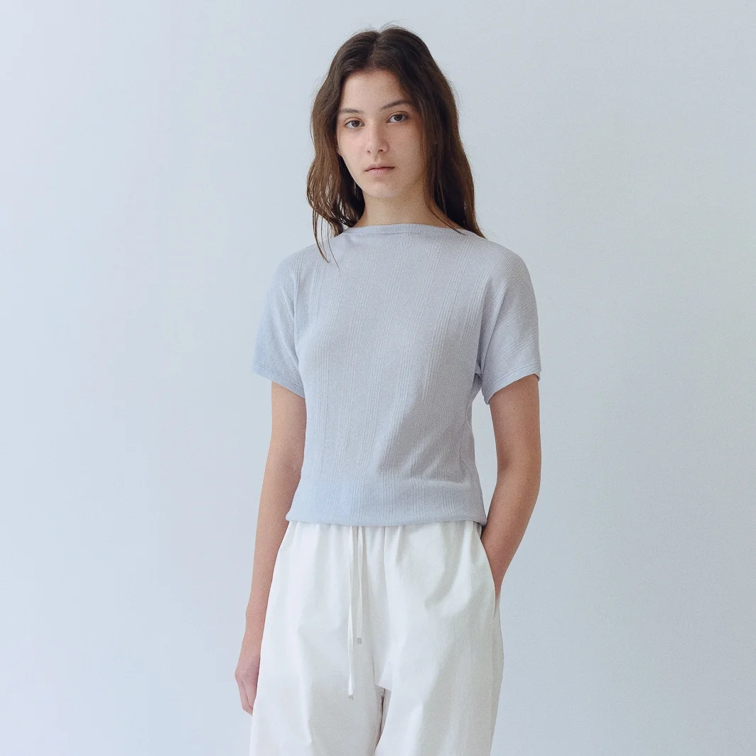 Ribbed Half Neck Slim Tee(Cloudy Blue)