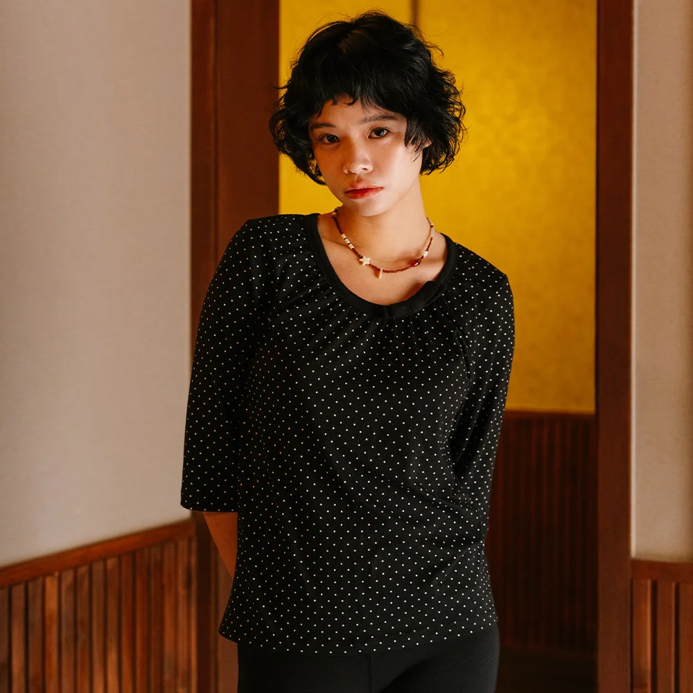 Fiore Ribbon Shirring Top (Black Dot)
