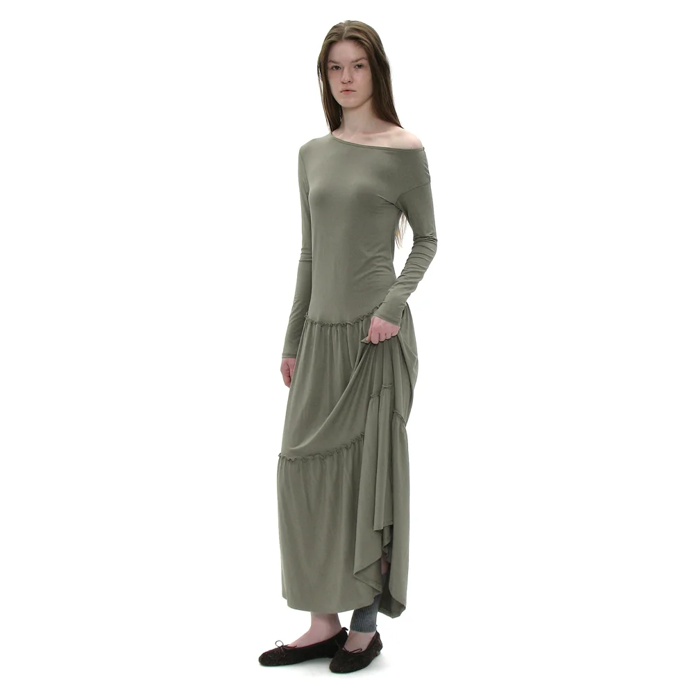 PWC UNBALANCED JERSEY SHIRRING TIERED DRESS_LIGHT KHAKI