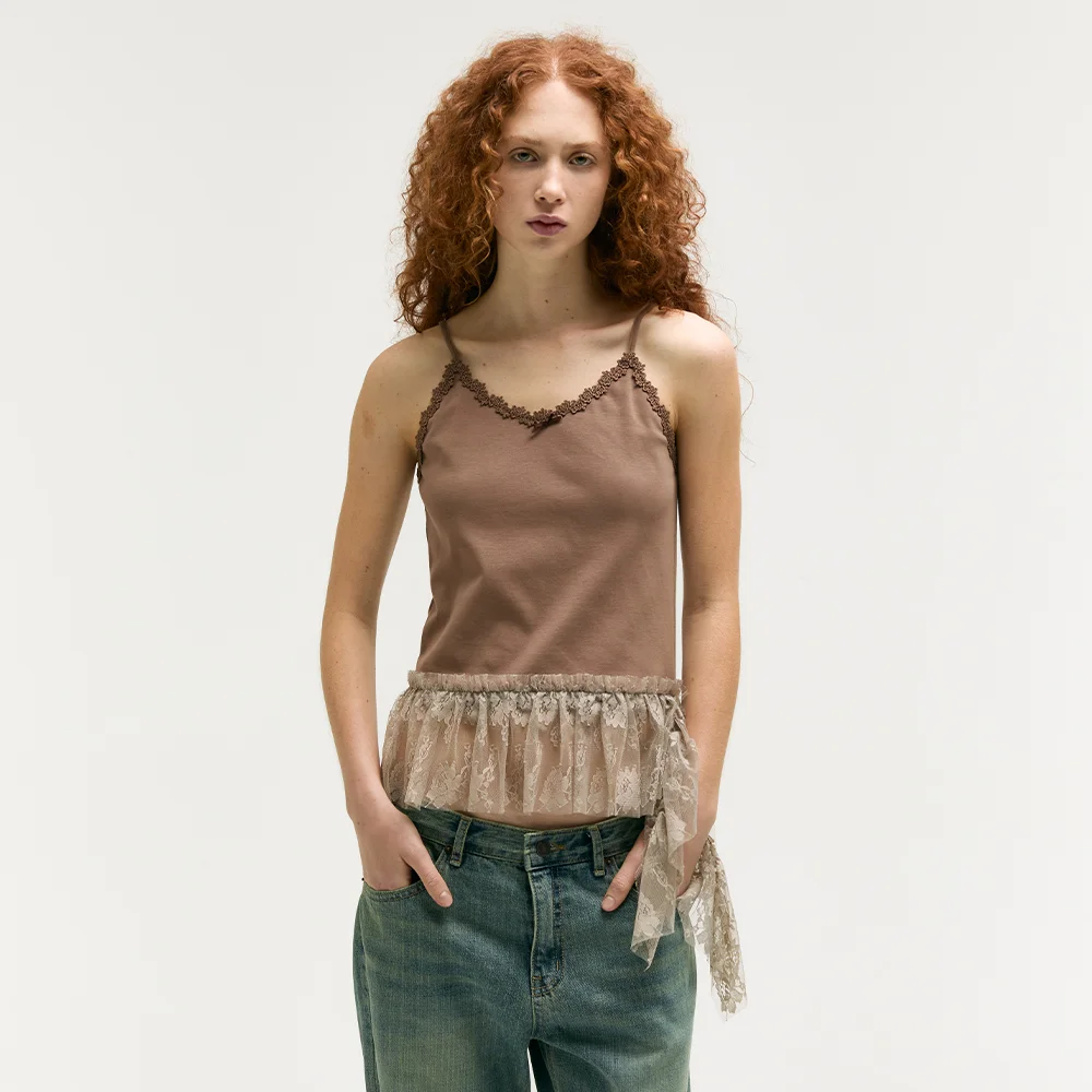 SHIRRING LACE SLEEVELESS_mocha brown