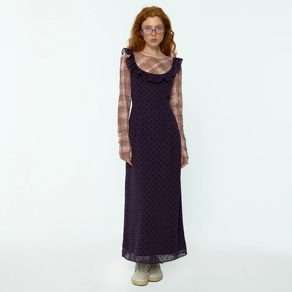 Shy Dot Frill Long Dress (Purple)