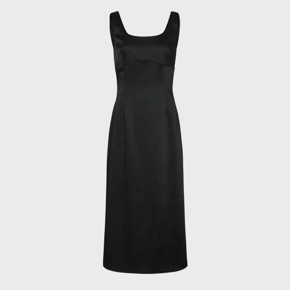 Glossy Slim Satin Long Dress (Black)