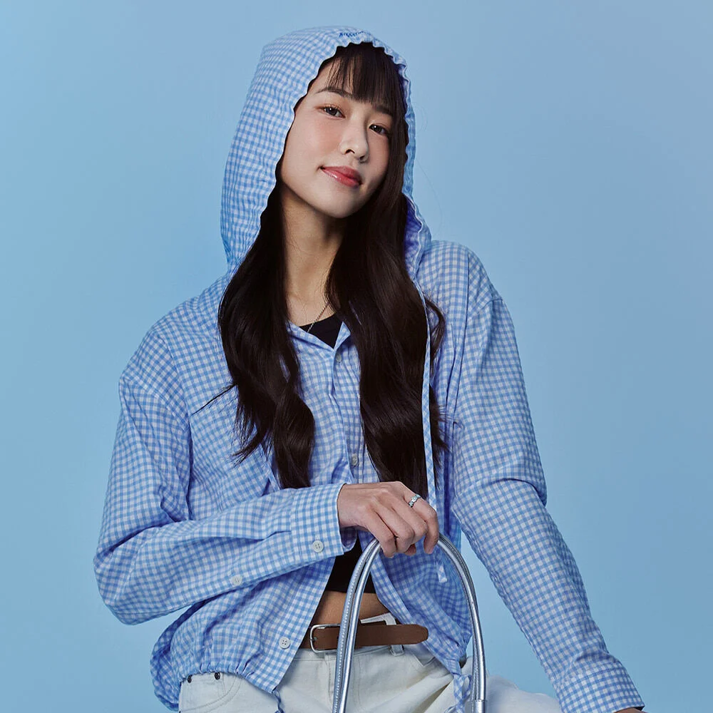 女裝 格紋 泡泡紗 連帽衫 鈕扣 襯衫 天藍色